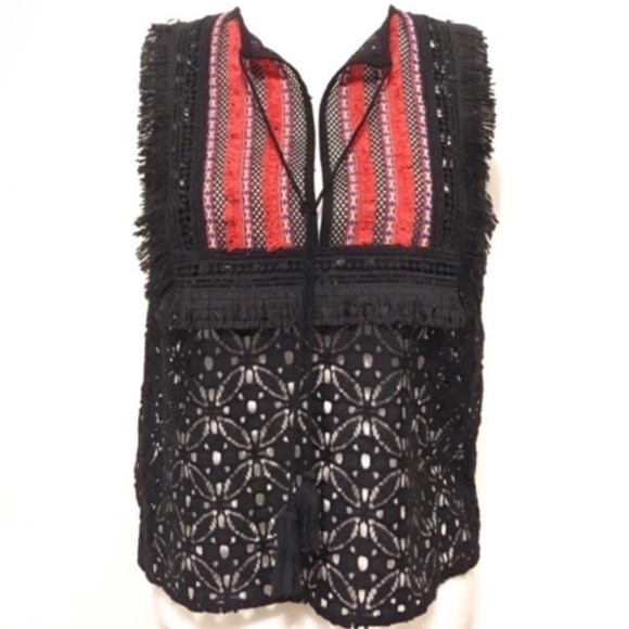 Revolve Endless Rose Black Red Boho Lace Fringe Embroidered Tank Top Festive M - Picture 4 of 7